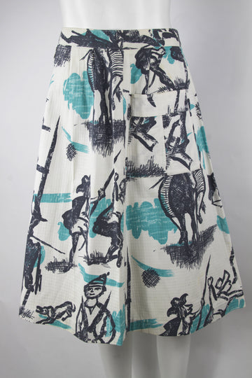Vintage 50s Pocket skirt with painterly hunting scene pattern - M
