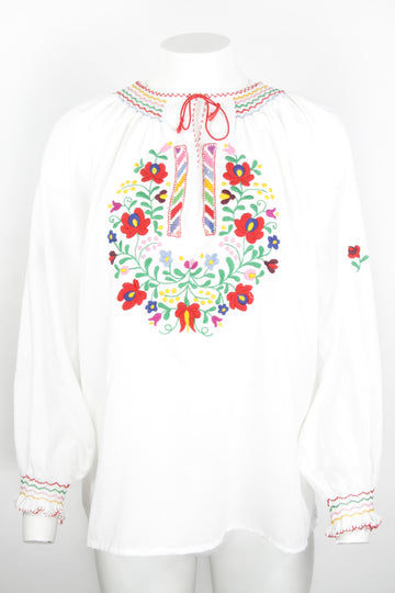 Vintage 70s Long Sleeve Embroidered Blouse - M
