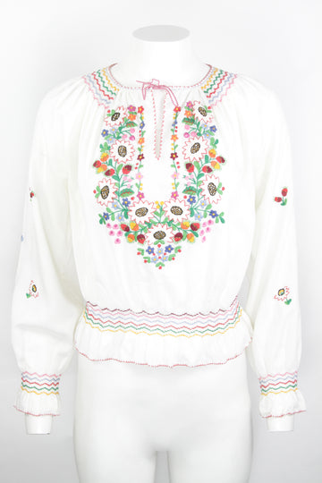 Vintage 70s Long Sleeve Embroidered Blouse - S