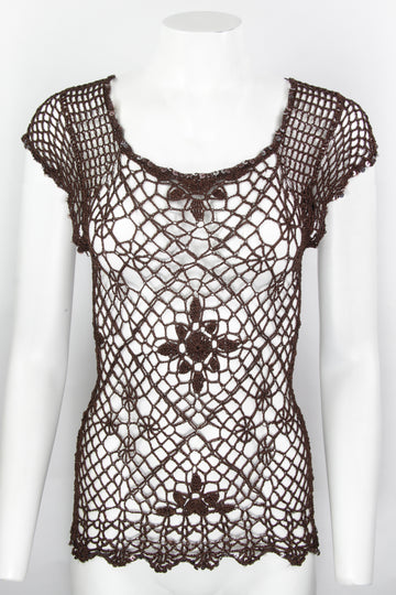 Vintage Ladies Brown Crochet Top with Sequins - S