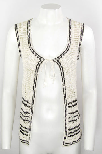 Vintage Ladies Crochet Knit Cream Striped Vest - M