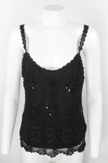 Vintage Ladies Crochet Knit Black Beaded Camisole - M