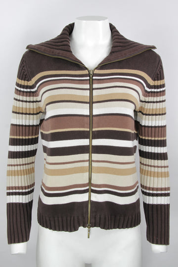 Vintage Y2K Espirit Brown Striped Zipper Cardigan - S