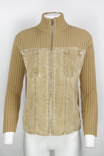 Vintage Y2k Cord Ribbed Beige Zipper Knit Cardigan - XL