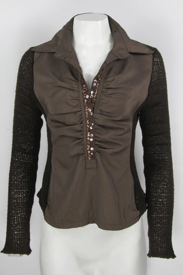 Vintage Y2K Brown Ruched Blouse Front Knit Sweater - M