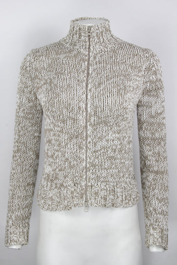 Vintage Y2K Mexx Beige and White Chunky Knit Zipper Cardigan Knit - S