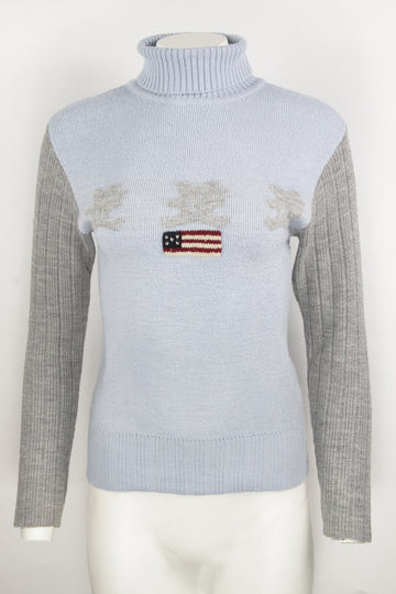Vintage Y2K Baby Blue Polo Neck Knit Sweater USA Teddy Bears - S&nbsp;