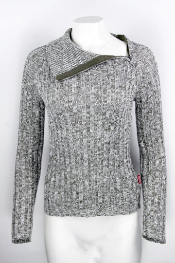 Vintage Y2k Zip Collar Khaki Marl Rib knit Sweater - M