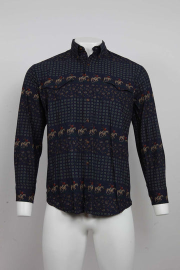 90's L/S Shirt - Button Down Collar Paisley Cowboy - Navy - L