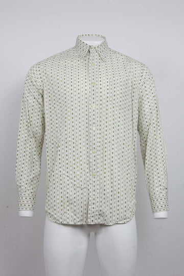 90's L/S Shirt - 70's style Green and brown vertical pattern - White - L