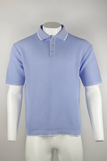 60s Light blue banlon polo shirt with white trim - L