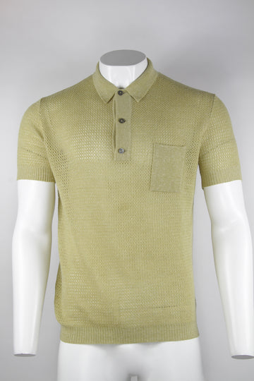70s beige banlon polo shirt with marl flecked pocket - M