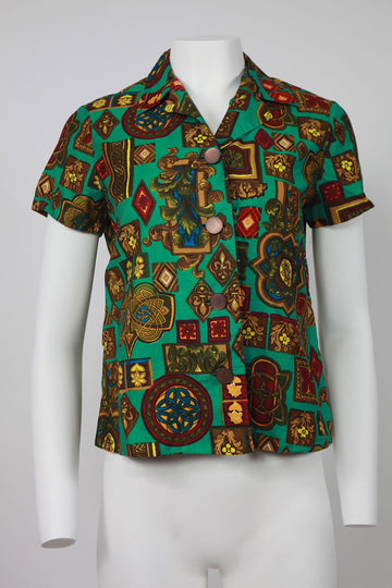 50s Green patterned blouse with iridescent buttons - S/M