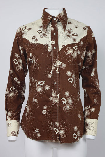 70s Western style blouse brown and cream floral print - S/M