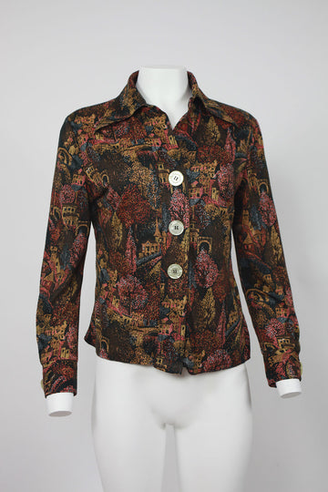 70s blouse with pointillist pattern and large pearlescent buttons - M