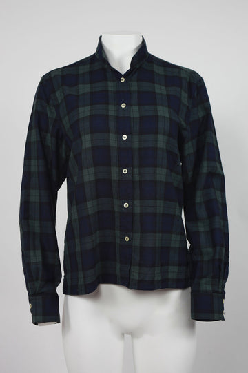 80s green tartan blouse with band collar - M