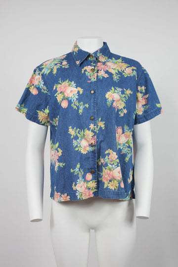90s short sleeve light denim and floral blouse - M