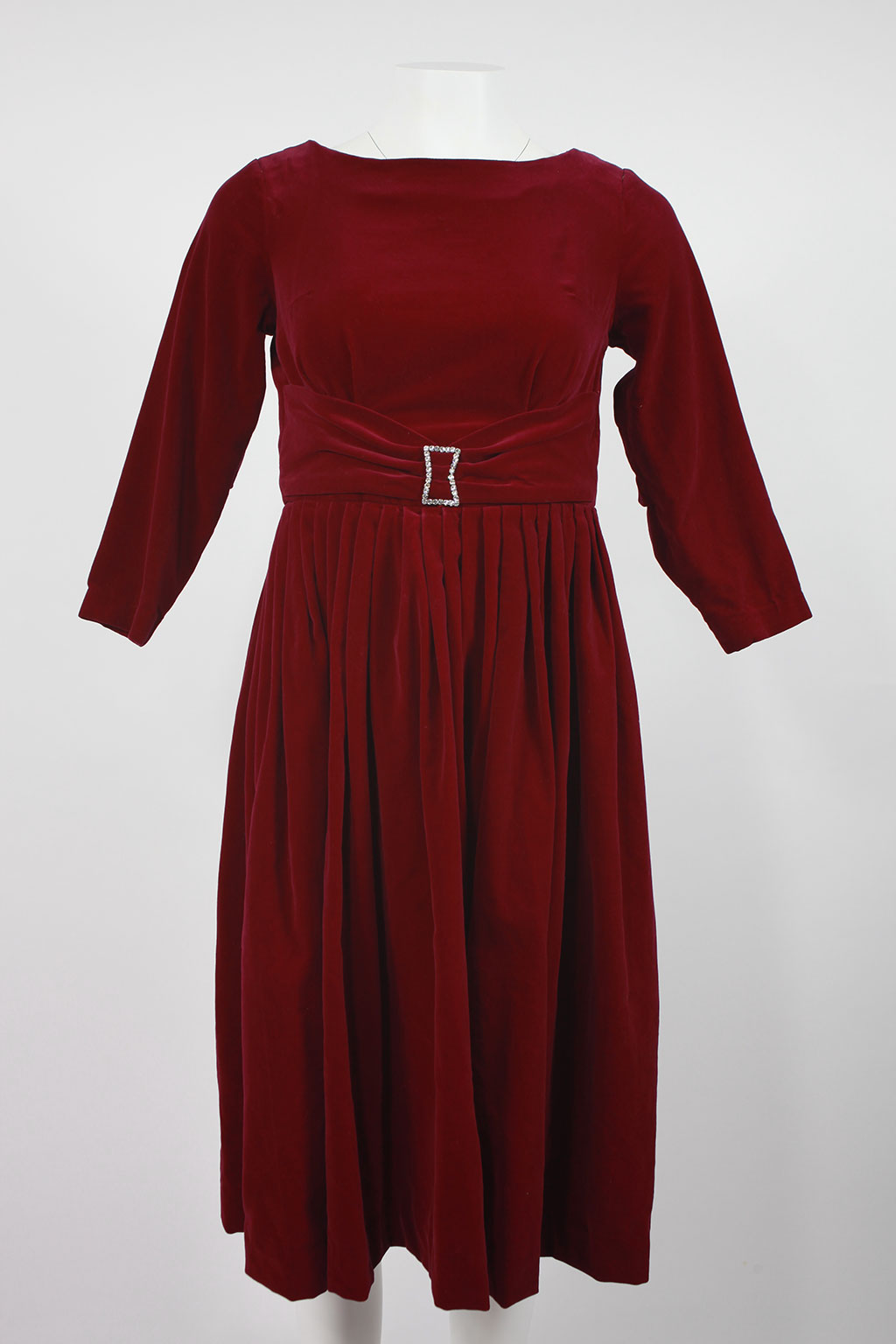 50s/early 60s Burgundy Velvet dress with diamante waist buckle - XS Pop Boutique Online 50s/early 60s Burgundy Velvet dress with diamante waist buckle - XS Pop Boutique Online