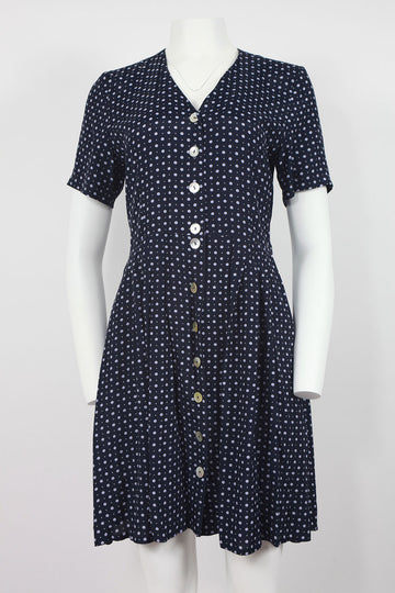 90s Navy ditzy floral dress with shell style buttons - S