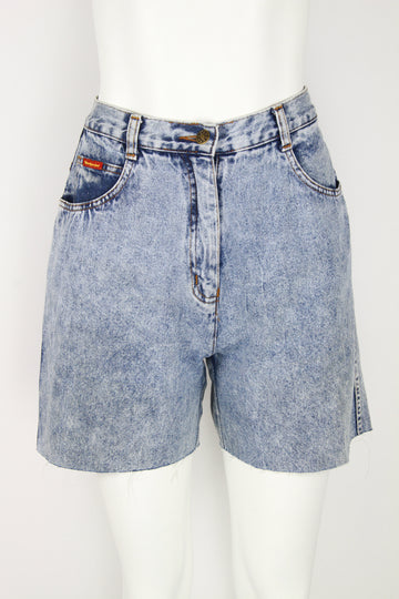 High waisted acid wash light blue cut off denim shorts - M