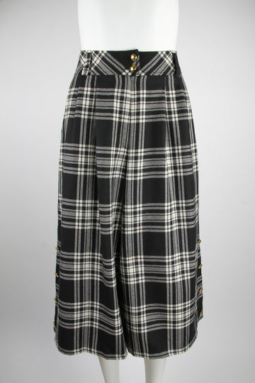 Black and white large check pattern pure new wool culottes - M