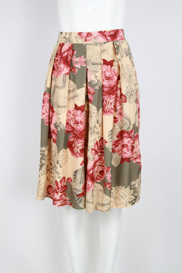 Flat front pleated culottes with rose motif - S