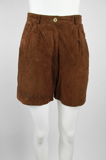Brown suede ladies shorts with two front pockets - S