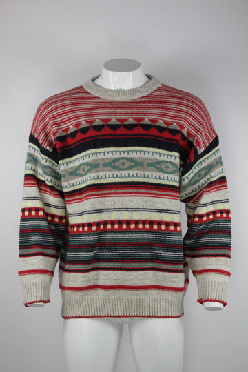 Men's 80s/90s cream geometric patterned jumper - XXL