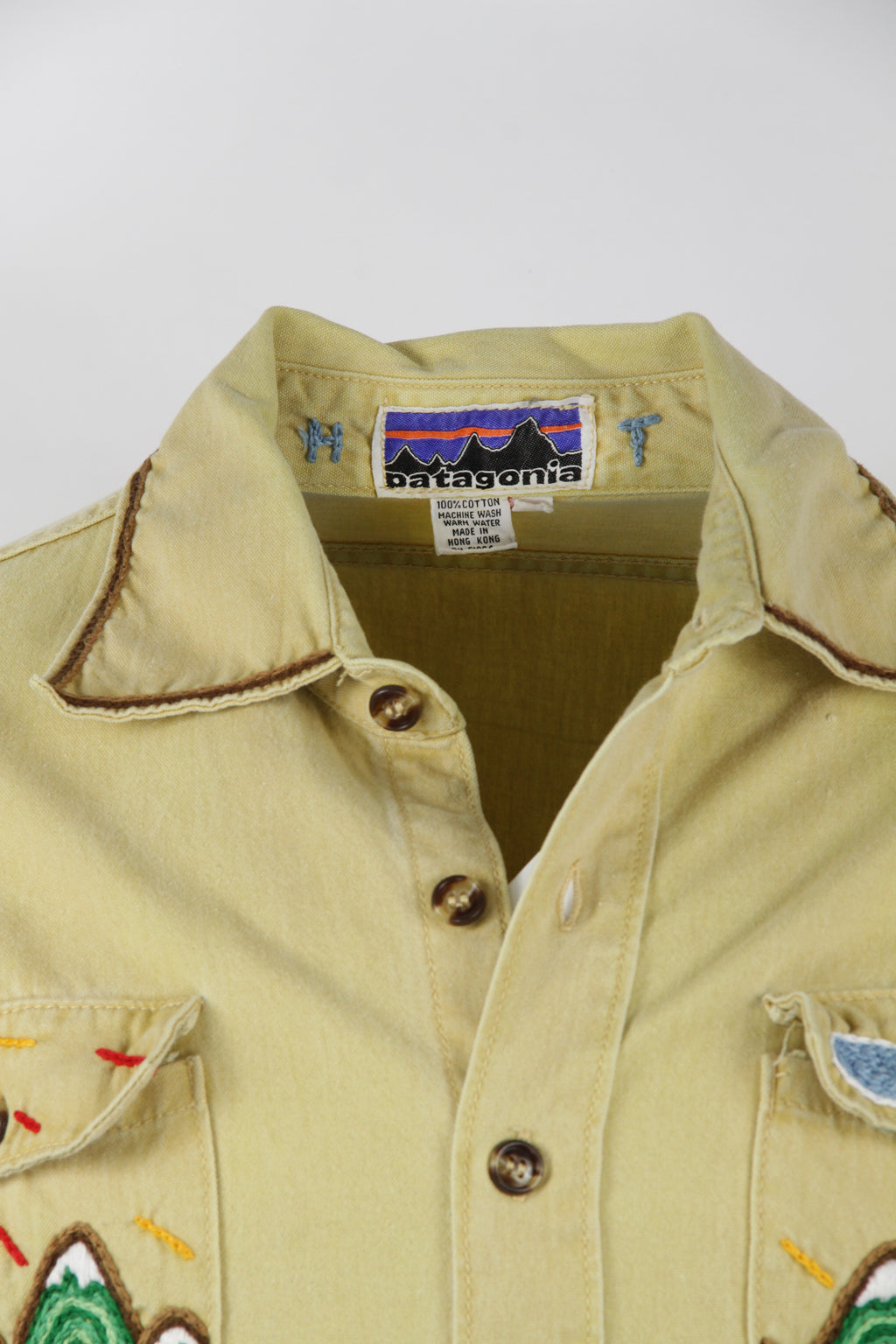 Vintage 70s Patagonia shirt Beige Hand Embroidered XL