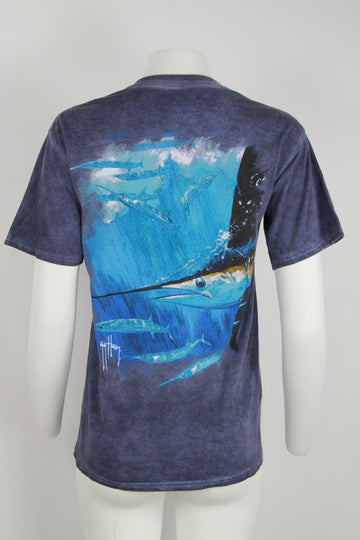 Guy Harvey dark tie dye t-shirt with sword fish screen print - S