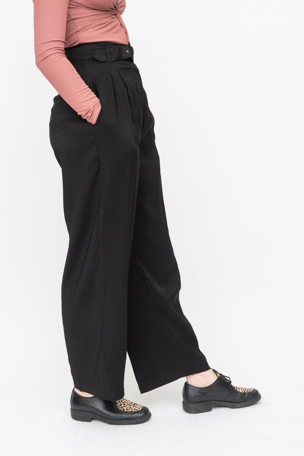 Vintage 80s Black Belted Trousers/ 1980s High Waisted Wide Leg